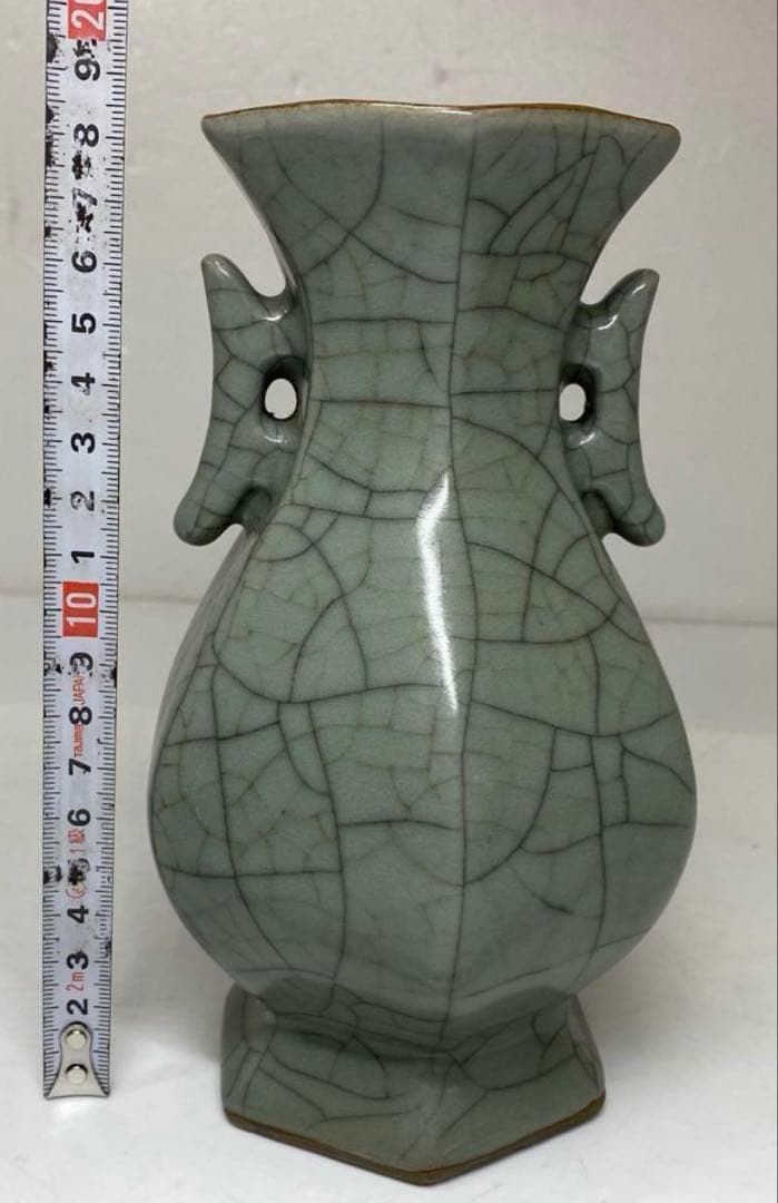 国古窯　哥窯青磁ヒビ焼　花瓶　高さ約18.4㎝