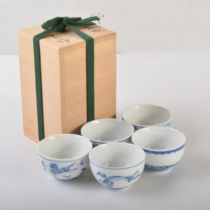 煎茶道具　賣茶好　染付　絵変　干支　煎茶碗　五客　共箱　V　6543