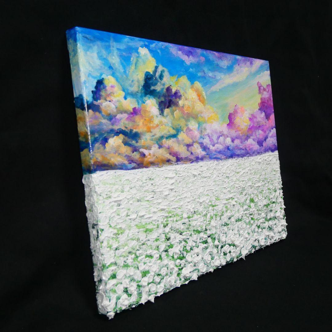 油絵 油彩 油彩画 絵 絵画【朝焼けの草原に咲く白い花と朝日】