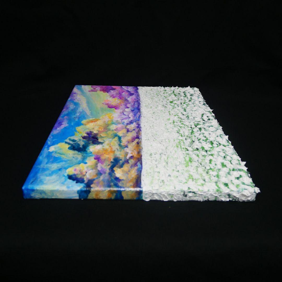 油絵 油彩 油彩画 絵 絵画【朝焼けの草原に咲く白い花と朝日】