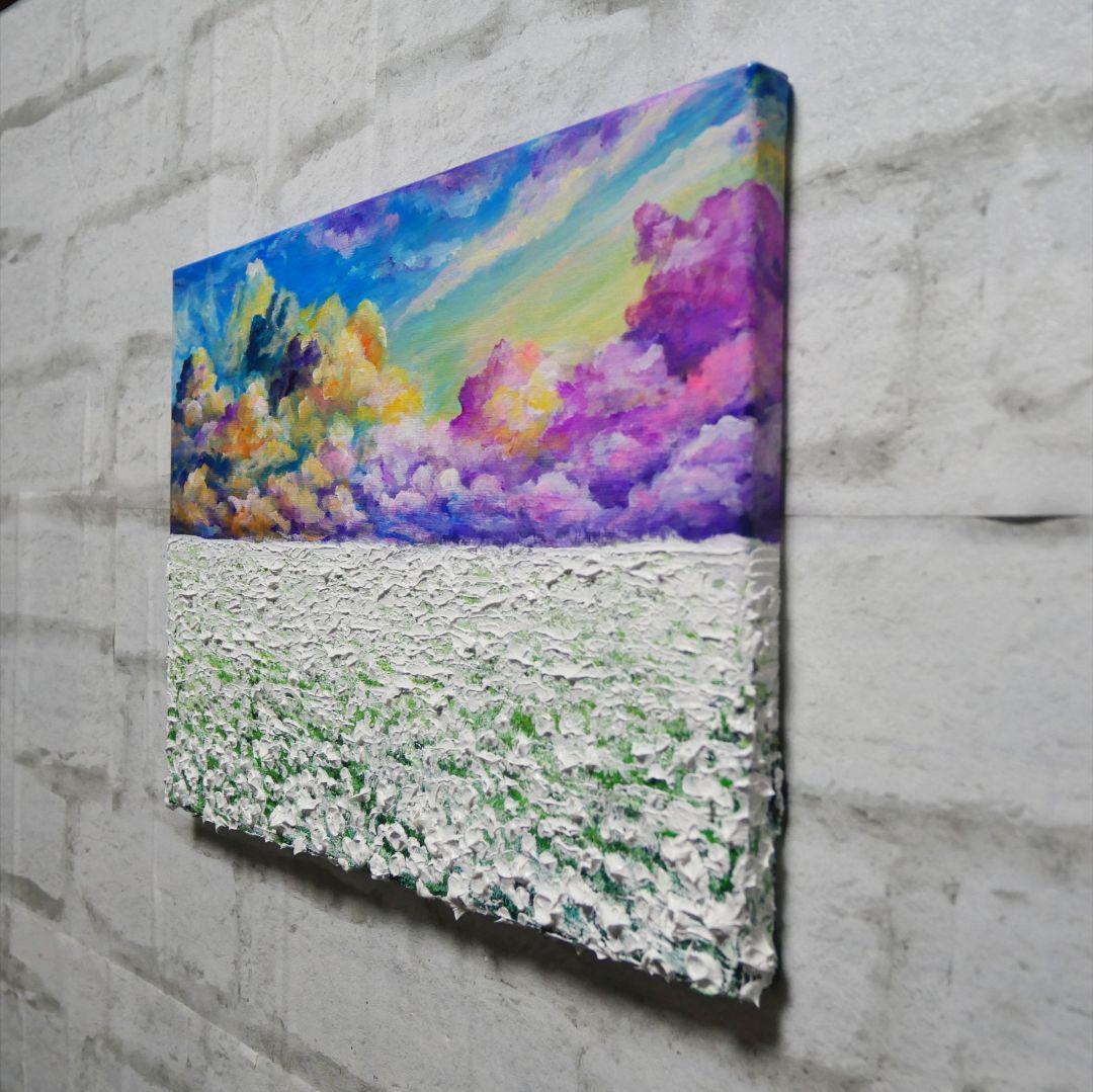 油絵 油彩 油彩画 絵 絵画【朝焼けの草原に咲く白い花と朝日】