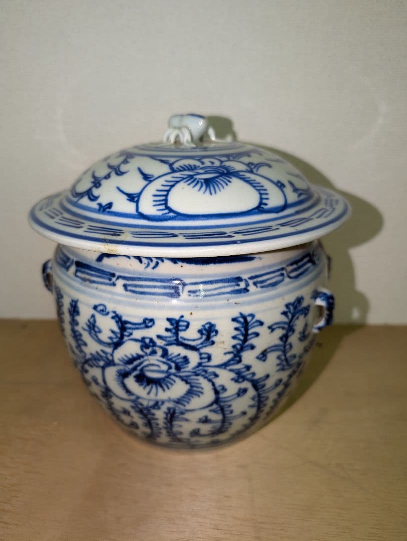 中国古陶磁 青花蓋罐 清末頃 花文 蓋壺 古美術 時代物