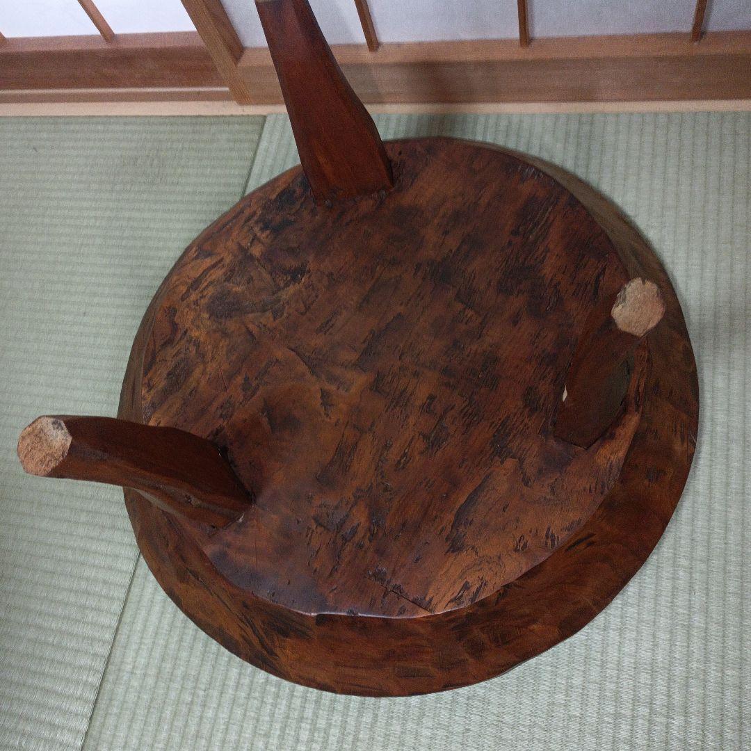 希少　古民家蔵出し品　天然木　座卓　丸テーブル　手彫り　ガラス板付き