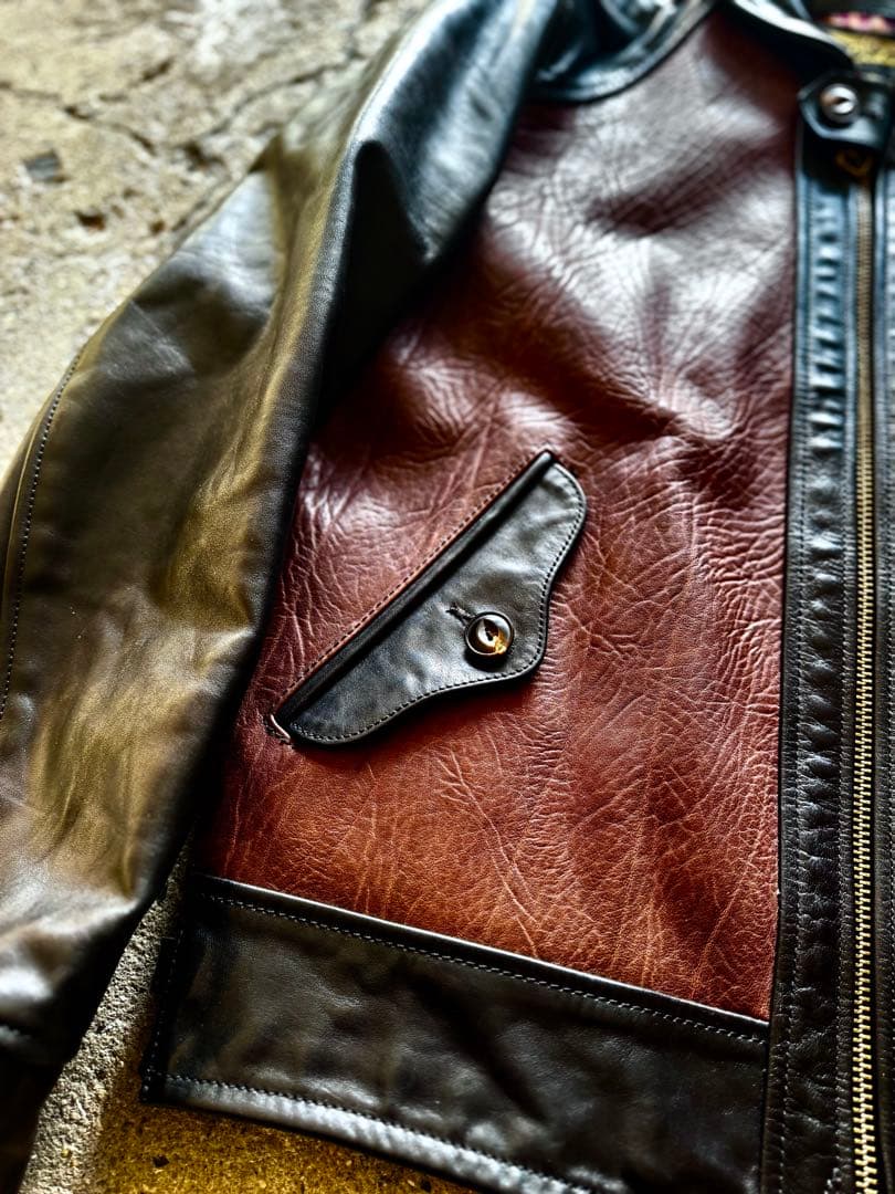 極上牛革 ブラック×ブラウンレザー コンビネーションジャケット スポーツタイプ