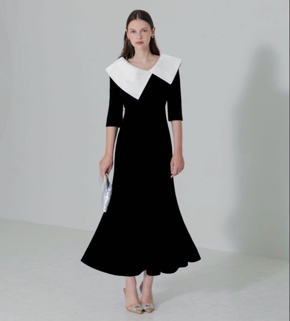 Leja アシンメトリービッグカラーベロアマーメイドワンピースドレス