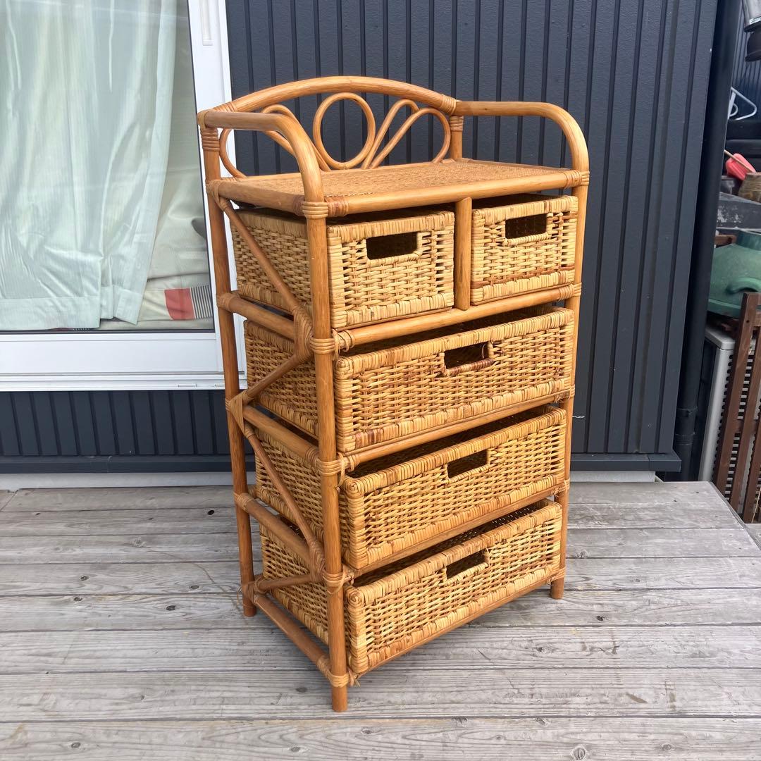 昭和レトロ ラタンチェスト 収納4段5杯 引き出し箪笥 古家具 ビンテージ