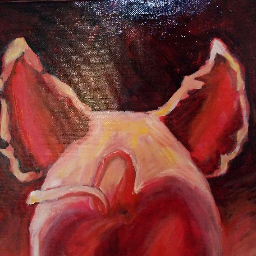 油絵　みーちゃん　夕方帰る子豚