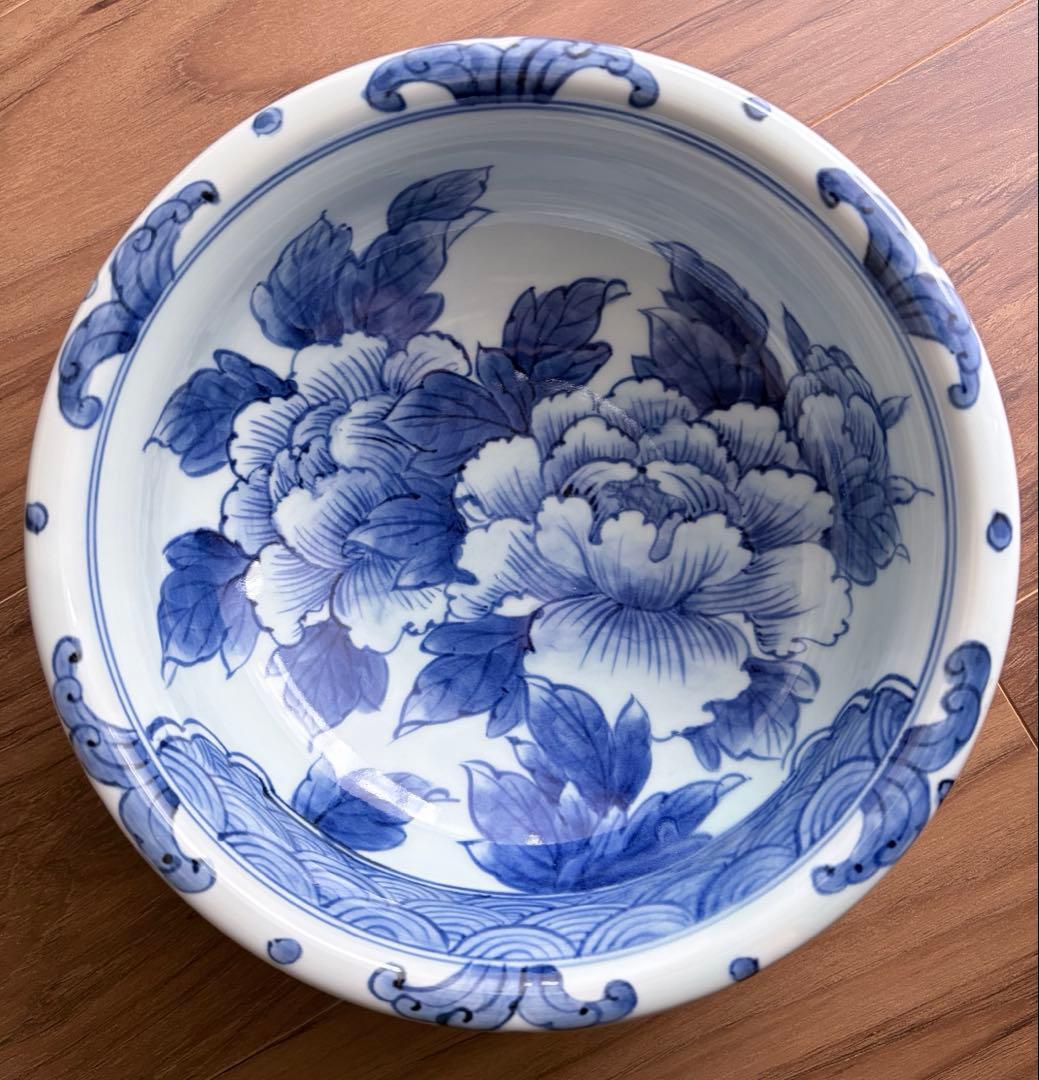 未使用 波佐見焼 一作窯 染付牡丹青海波 鉢 作家物 山口清久 有田焼 手描き