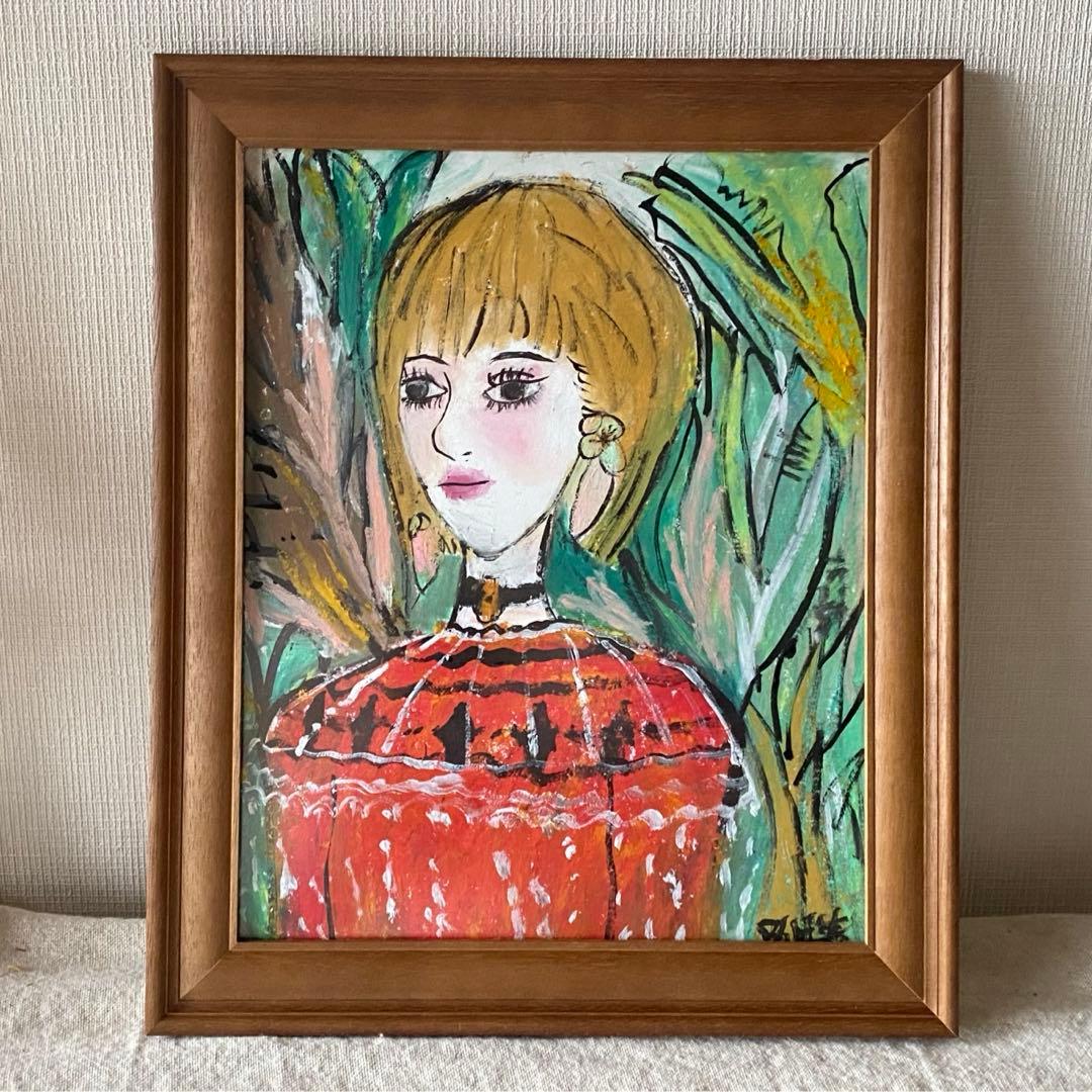 絵画 。壁掛け絵☆【きれいな女性ときれいな緑の植物】