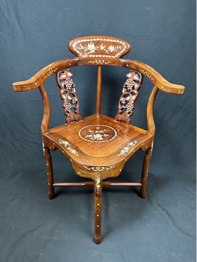 高級家具 螺鈿細工 花梨 中国美術 サイドテーブル 椅子2客 唐木 家具 木製