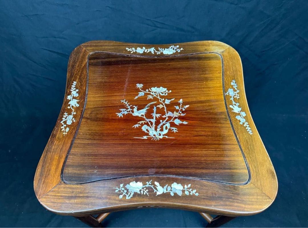 高級家具 螺鈿細工 花梨 中国美術 サイドテーブル 椅子2客 唐木 家具 木製