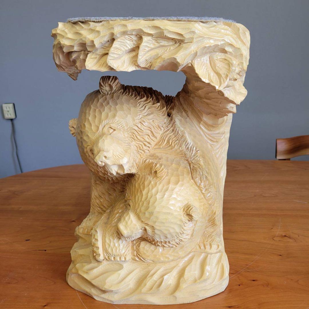 【匿名発送】木彫りの熊　親子熊　木工品　工芸品　置物　熊2匹　電話台　未使用