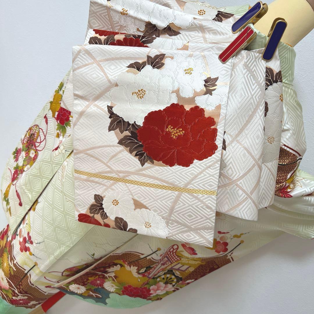 389 振袖フルセット 正絹 黄緑 ミントグリーン 金彩 刺繍 暈し染め 華やか