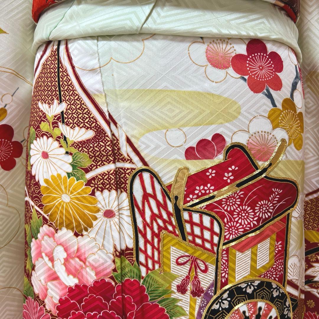 389 振袖フルセット 正絹 黄緑 ミントグリーン 金彩 刺繍 暈し染め 華やか