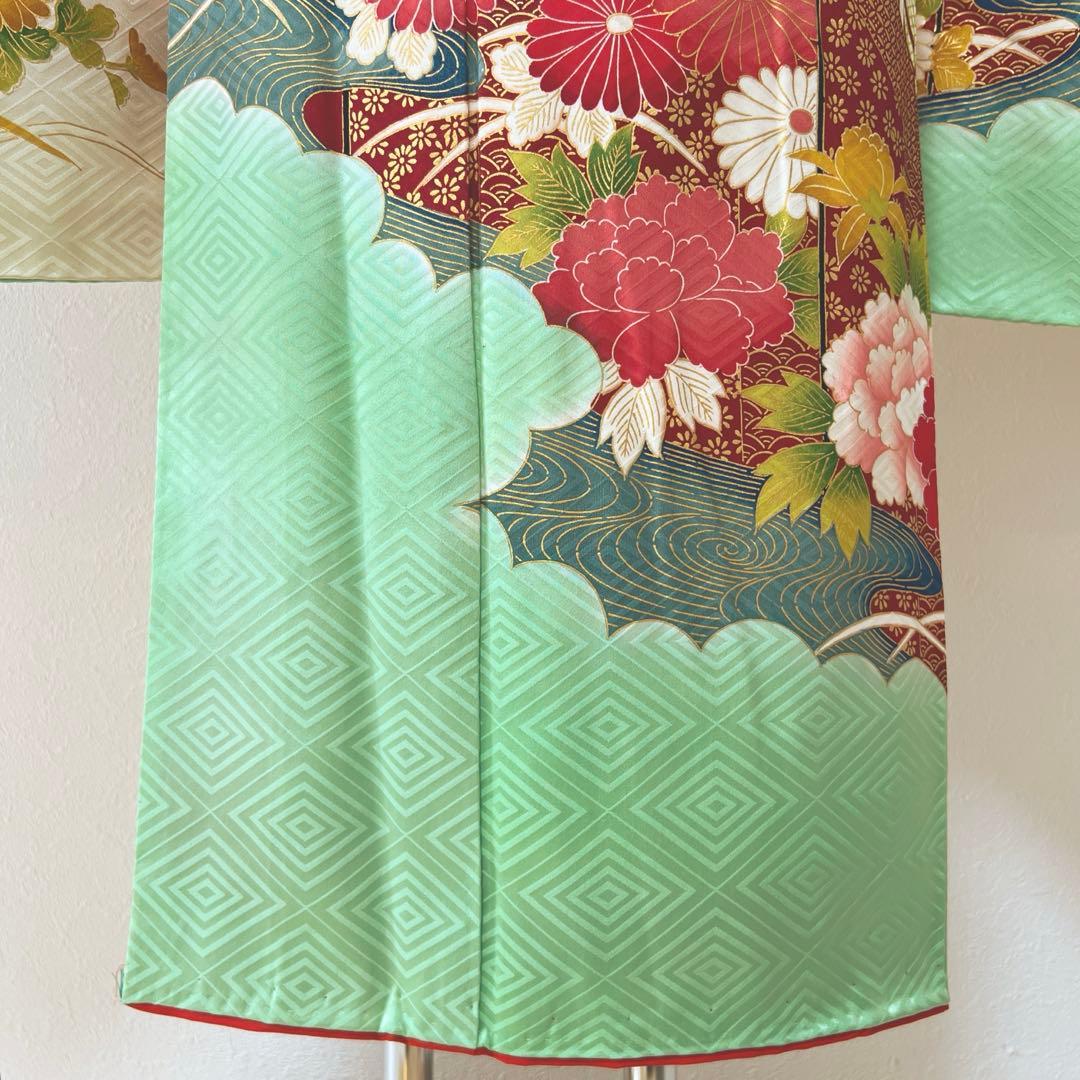 389 振袖フルセット 正絹 黄緑 ミントグリーン 金彩 刺繍 暈し染め 華やか