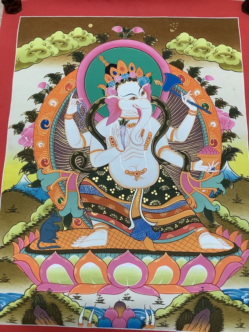 《 チベット密教　新品 》 ガネーシャ　タンカ　曼荼羅　手描き　1点物　金運