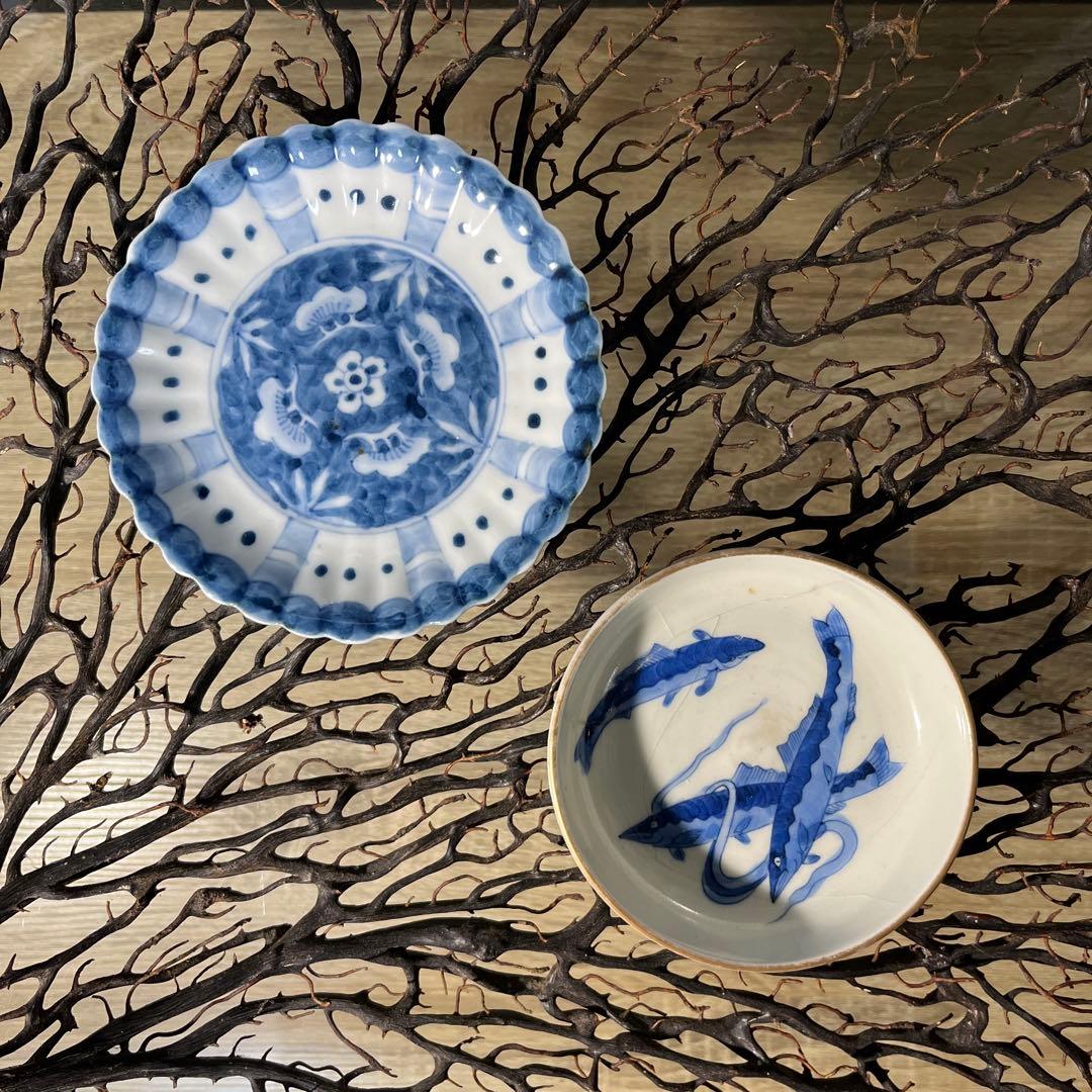 骨董　古伊万里　九谷　古染付　希少　鮎　遊魚　図案　豆皿　※難あり、参考品用