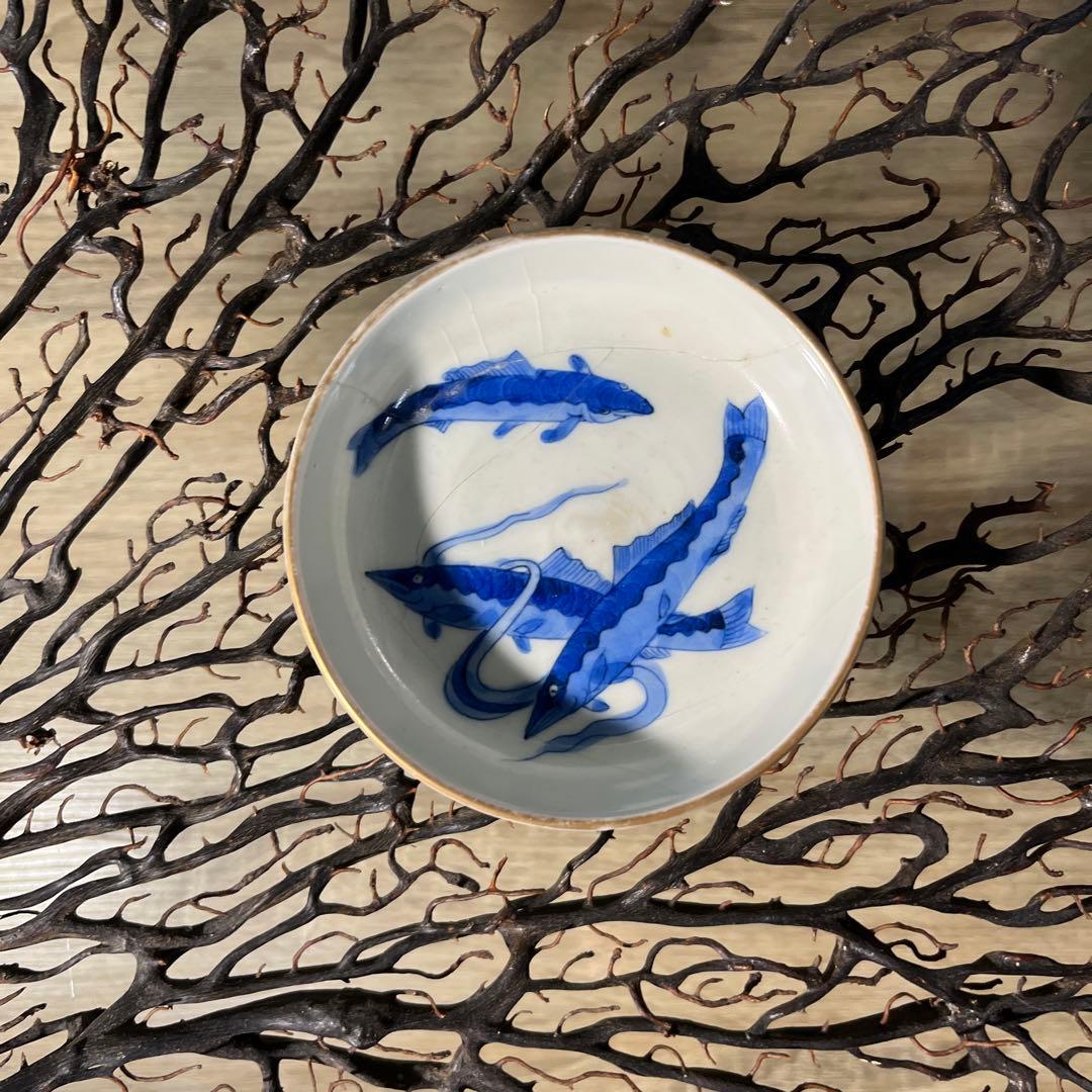 骨董　古伊万里　九谷　古染付　希少　鮎　遊魚　図案　豆皿　※難あり、参考品用