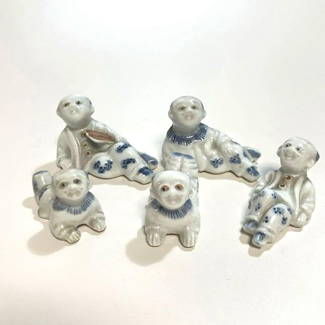 骨董　長崎　古平戸焼　唐子人形　5体組　染付　三川内焼　陶製人形　民芸　オブジェ