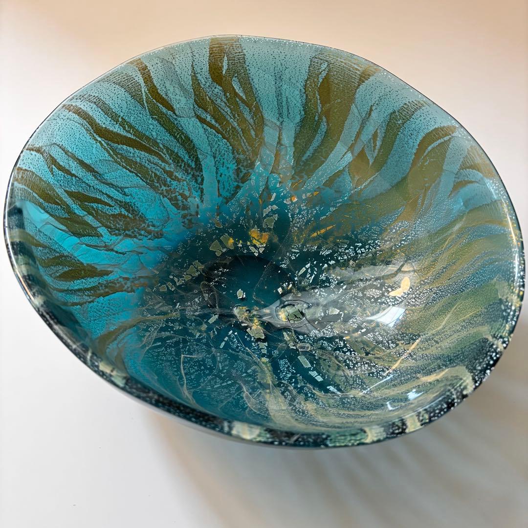 極美品　迫二郎　ガラスボウル　吹きガラス　銀箔 グリーン　ガラス工芸品　アート
