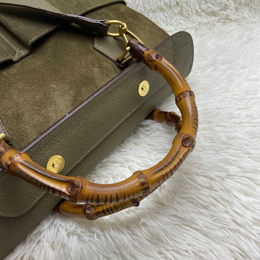 美品　GUCCI グッチ バンブー 2way ショルダーバッグ スエード カーキ