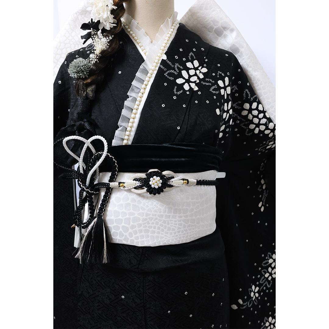 絞り◆ 振袖丈169.5cm 5点セット ◆フルセット黒モノトーン成人式ｃB39