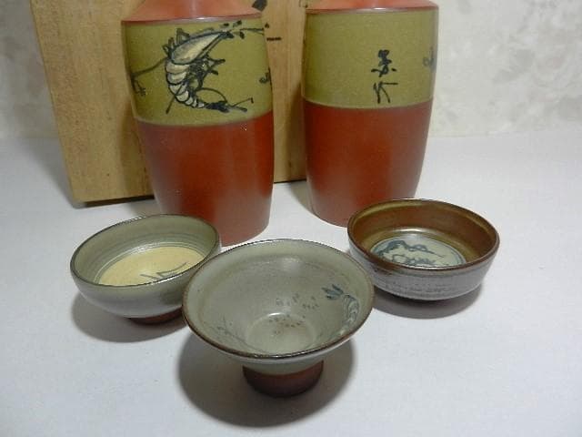 ３代目伊藤赤水（せきすい）作　無名異（むみょうい）焼酒器（徳利２本、猪口３客）