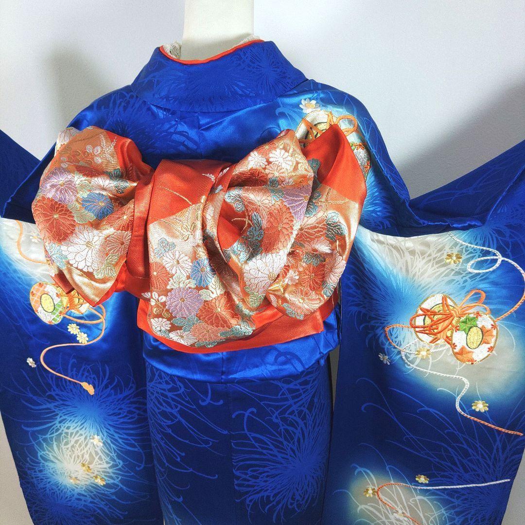 格安！　振袖フルセット　9点　成人式　結婚式　前撮り　青　ブルー　オレンジ