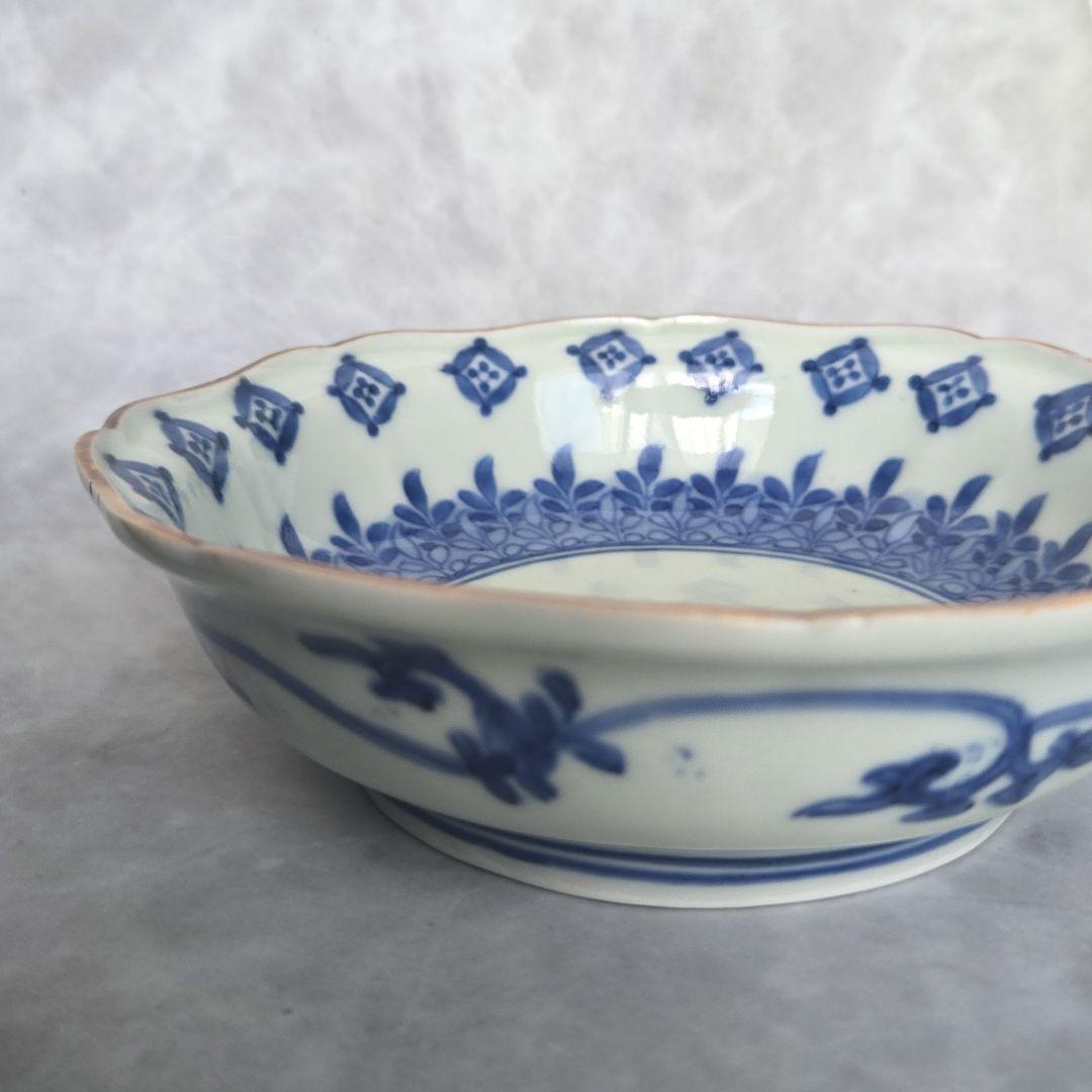 古伊万里　染付　深皿　七宝文　五葉若葉　金継ぎ　江戸　金直し　アンティーク　骨董