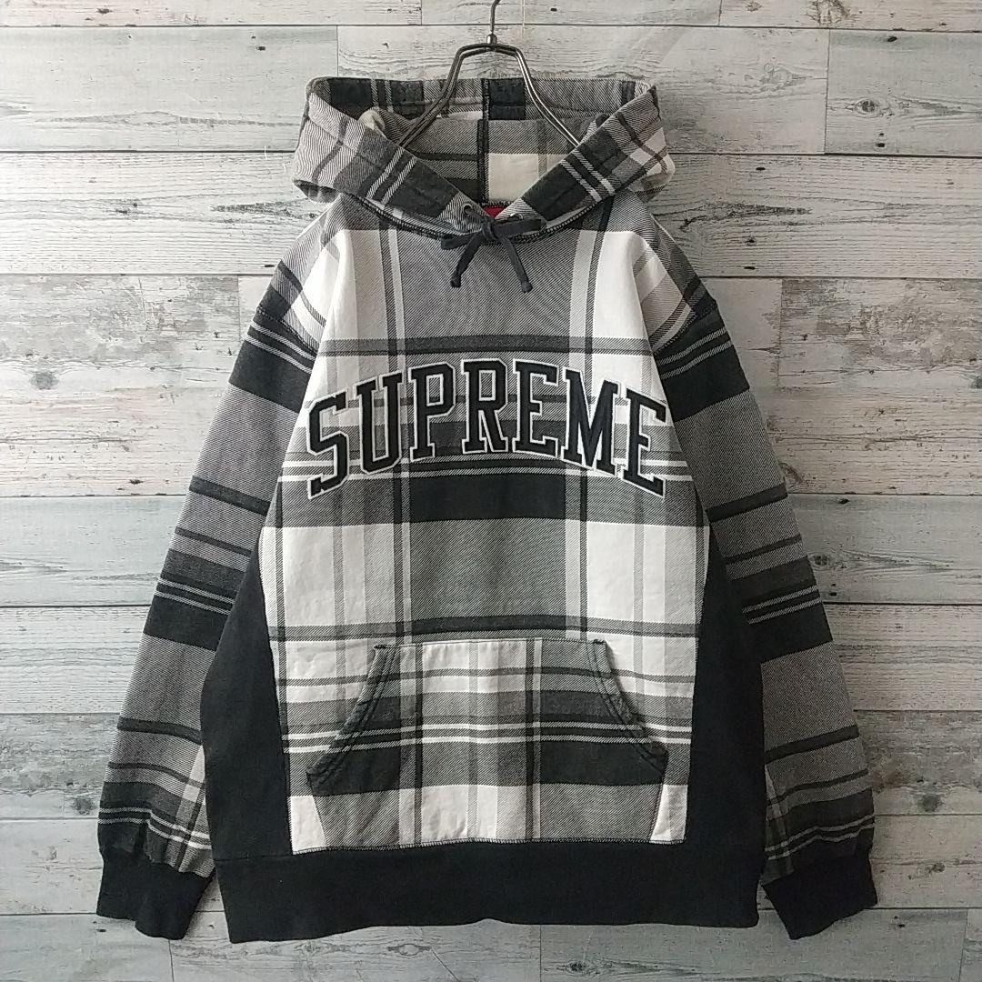 人気デザイン☆シュプリーム 刺繍 アーチロゴ チェック柄 パーカー M