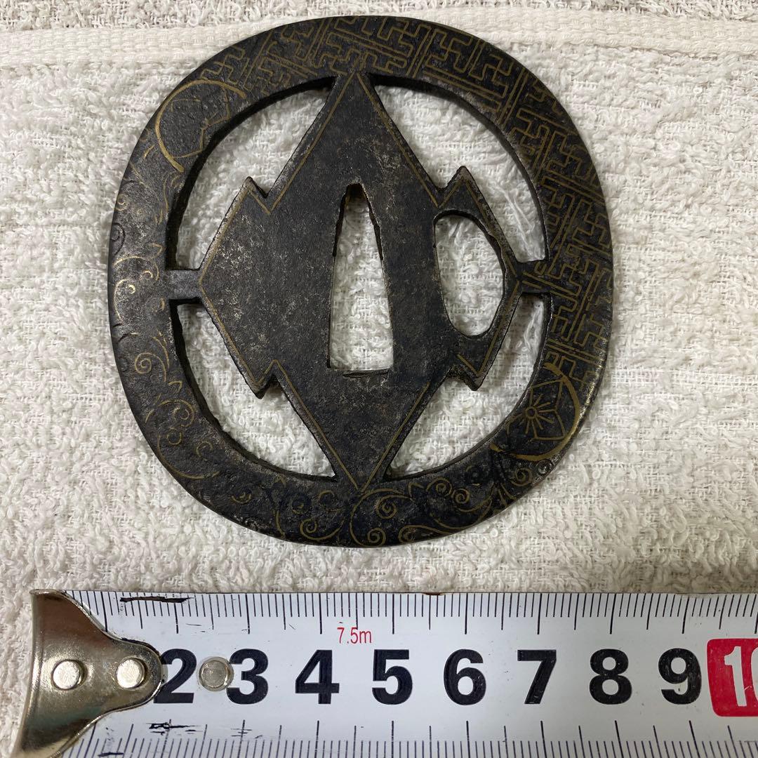 B-65 鍔　『正阿弥 天地扇』　金象嵌　鉄地　武具　刀装具　美術品　工芸品