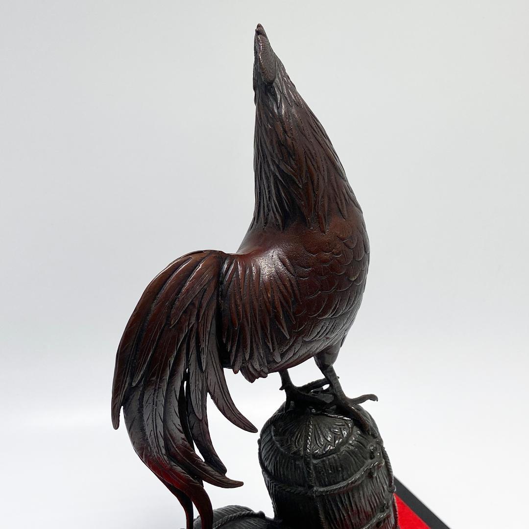 鋳金家 芳山 作 唐銅製 俵鶏置物 オブジェ 銅像 ブロンズ像