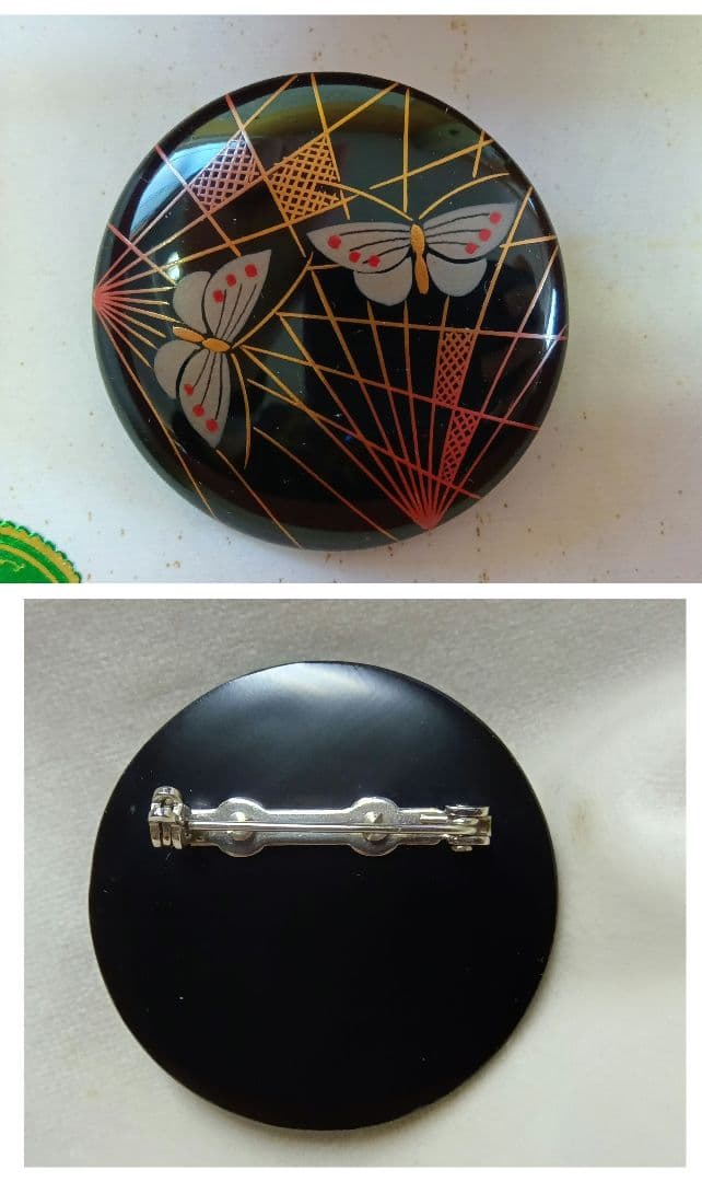 輪島塗　ブローチ　4点セット　漆塗り　蝶　ぼかしバラ　螺鈿　伝統工芸　金蒔絵