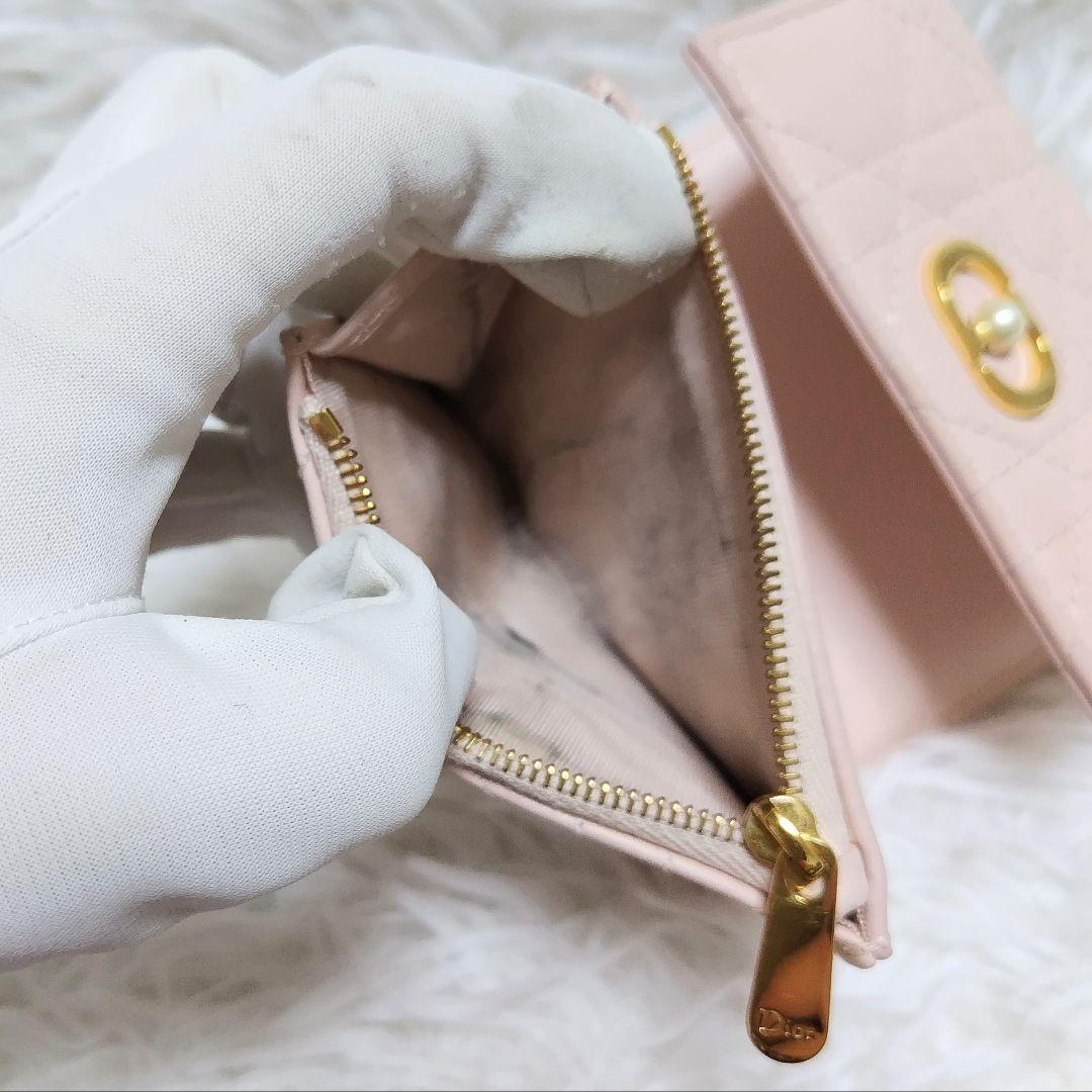 レア美品✨ディオール◇パールカロ三つ折り財布　カナージュゴールド金具ペールピンク