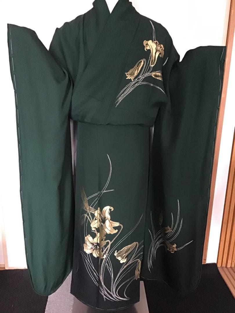 振袖フルセット　深緑　黒　金彩　作家者　躾糸付き　正絹　振袖6点セット