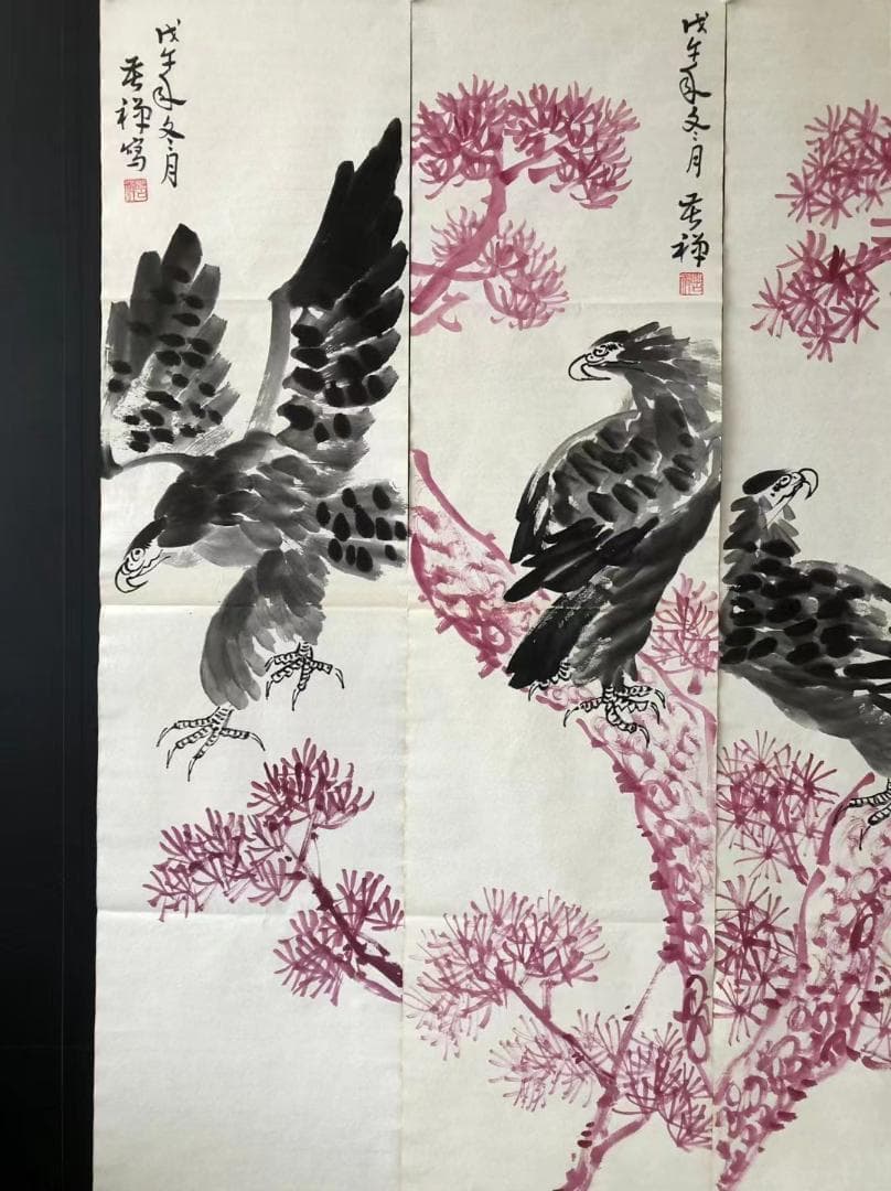 中国古美術・純手描き・四条屏・鹰画芯・国画・李苦禅印款・肉筆・宣紙・文房置物