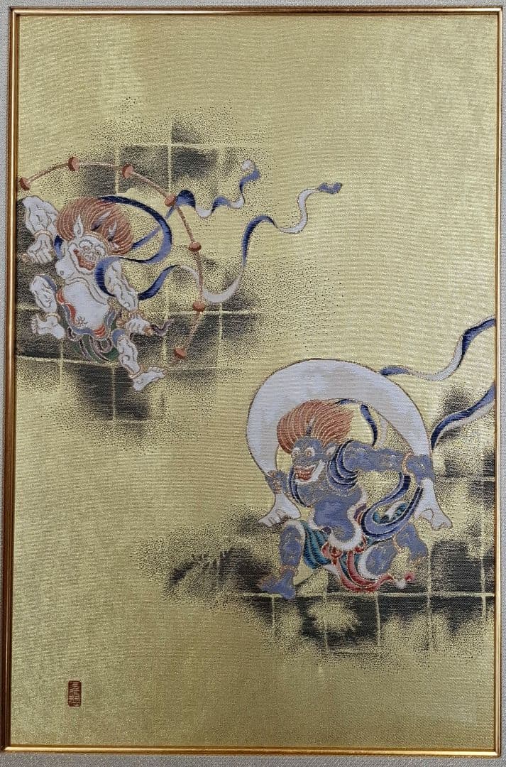 【織り額】風神雷神 織り金箔 木製フレーム付