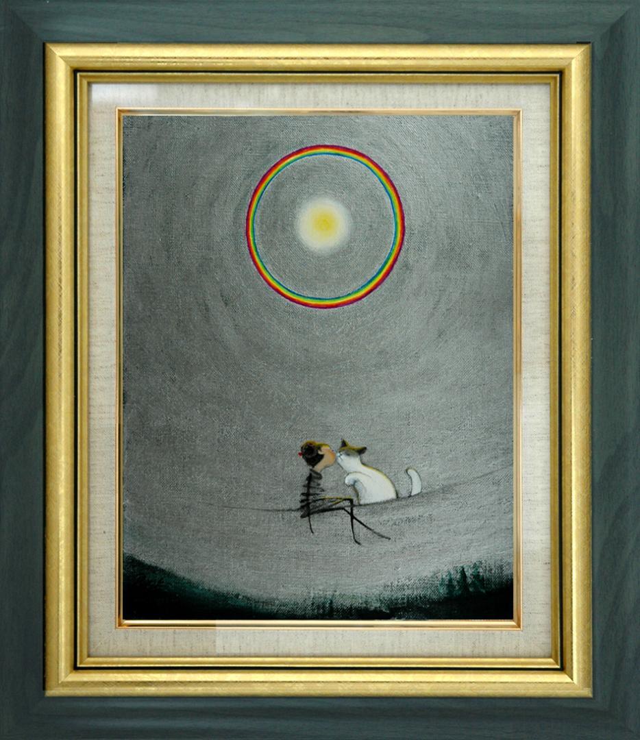 油絵 菅家令子 絵 絵画 インテリア額付(銀) F3-031019 子猫と女の子