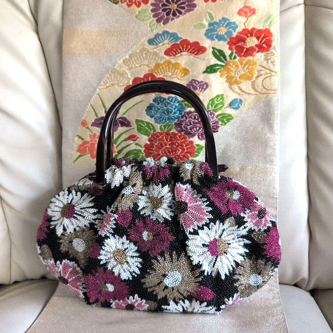 ビーズ和装バック　刺繍花　超美品