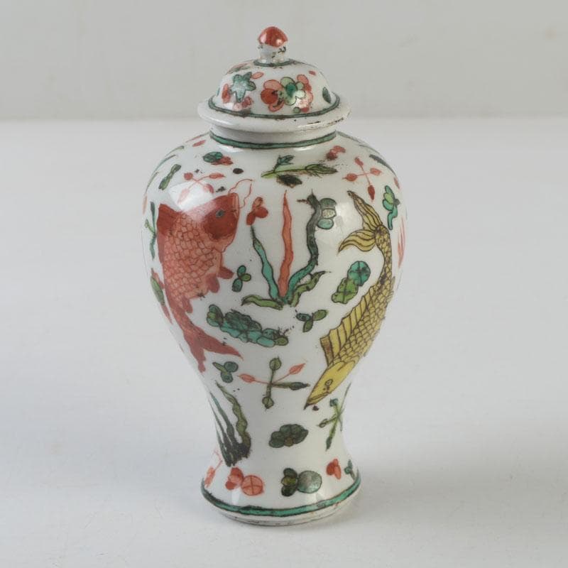 中国　大明嘉靖年製　赤絵　魚藻文　蓋壷　Z　8620