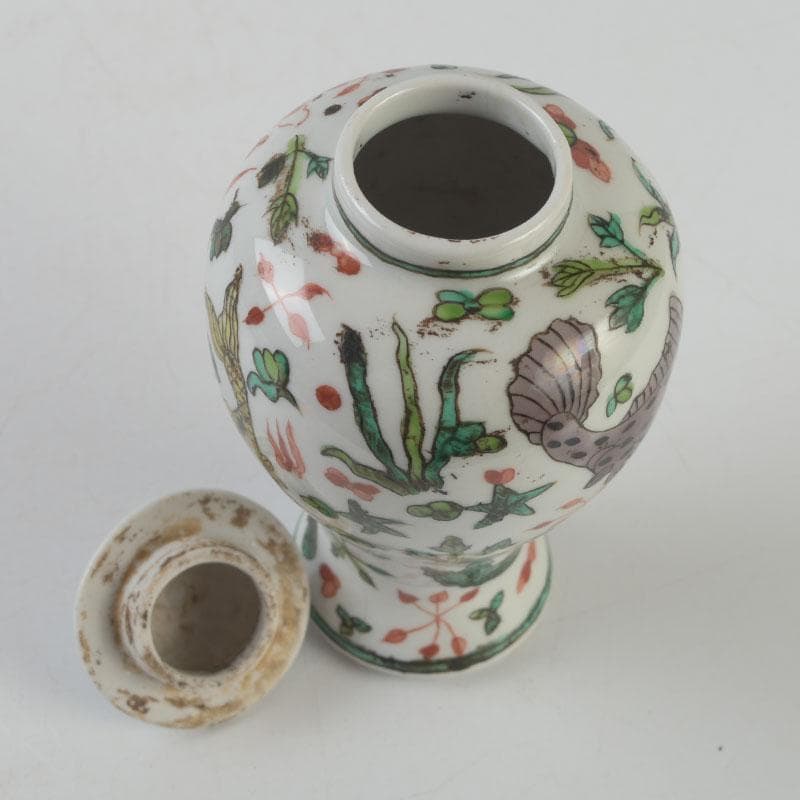 中国　大明嘉靖年製　赤絵　魚藻文　蓋壷　Z　8620