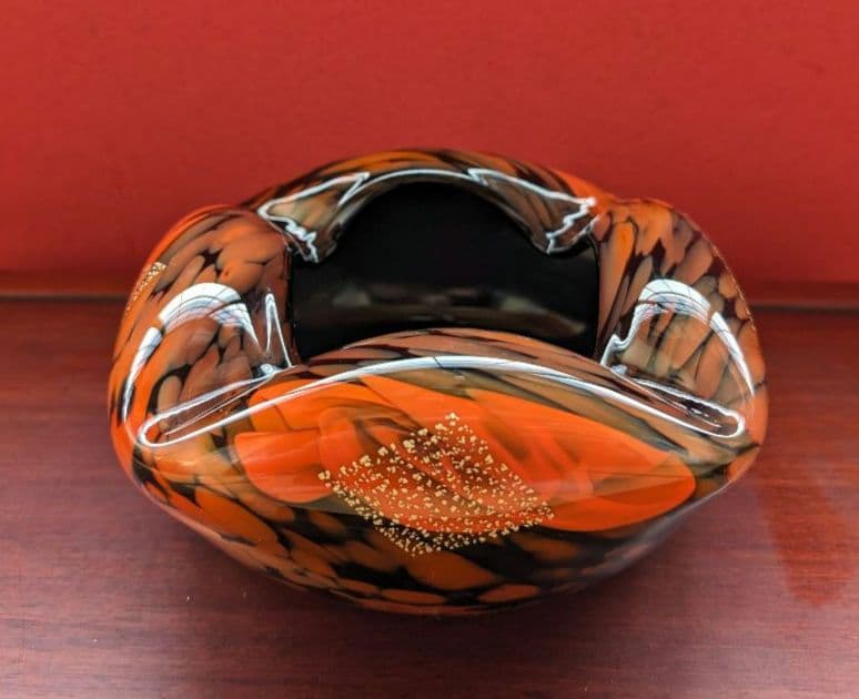 【箔入り】吹きガラス 灰皿 一点物 金箔 昭和レトロ インテリア 花生 オレンジ