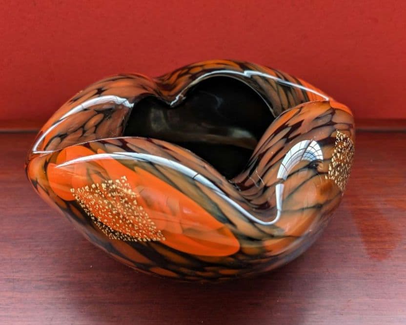 【箔入り】吹きガラス 灰皿 一点物 金箔 昭和レトロ インテリア 花生 オレンジ