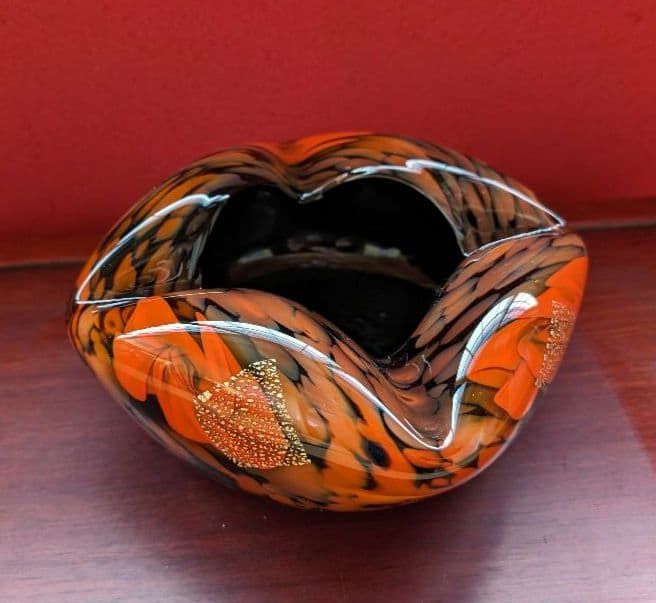 【箔入り】吹きガラス 灰皿 一点物 金箔 昭和レトロ インテリア 花生 オレンジ