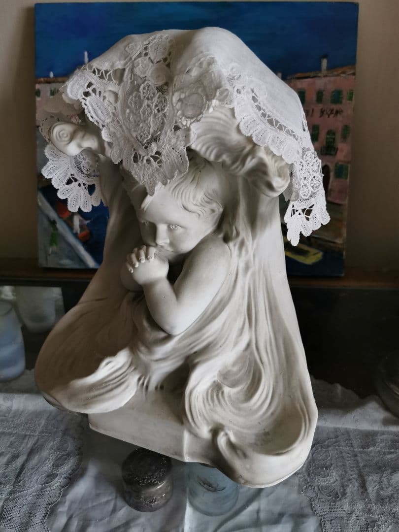 ブリュッセルレース＆アンティークフランス 大型素焼きビスク彫像塑像 少年の祈り