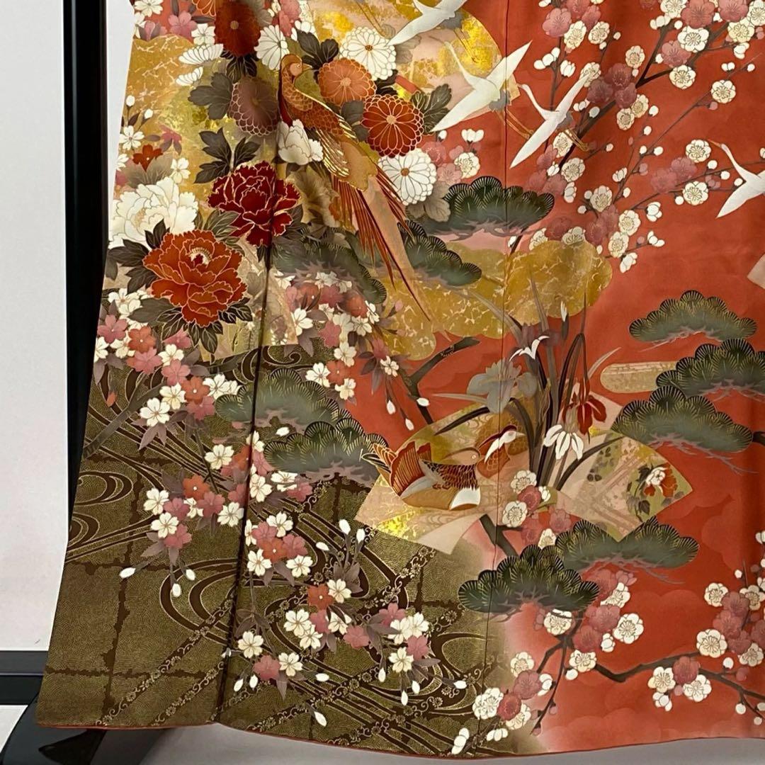 な*お様 振袖　振袖フルセット　着物　鶴模様　竹松　金彩　朱色　金糸