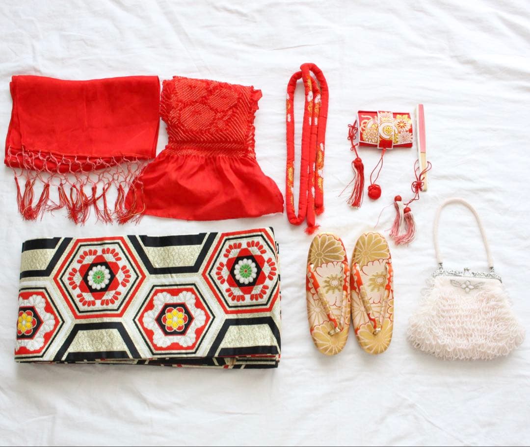 七五三 7歳 女の子 子供 アンティーク 着物 帯 ビーズバッグ セット