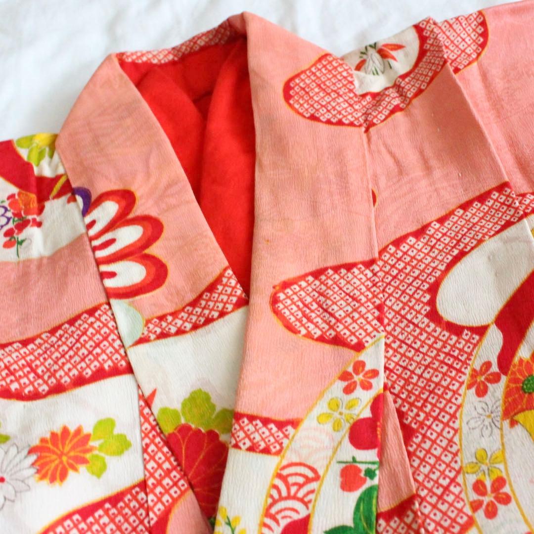 七五三 7歳 女の子 子供 アンティーク 着物 帯 ビーズバッグ セット