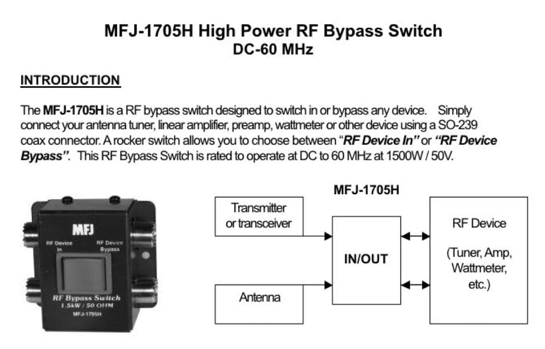 MFJ-1705H 1.5KW RF バイパススイッチ　DC ～60 MHz
