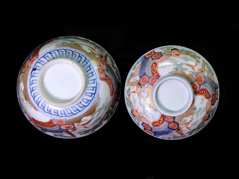 古伊万里　金襴手　雲鶴に松竹　孔雀羽に亀甲紋の図　蓋茶碗　E865AS-COf